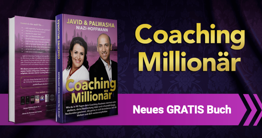 Banner des Gratisbuches Coaching Millionär von Javid und Palwasha Niazi-Hoffmann. Buechereule24.de